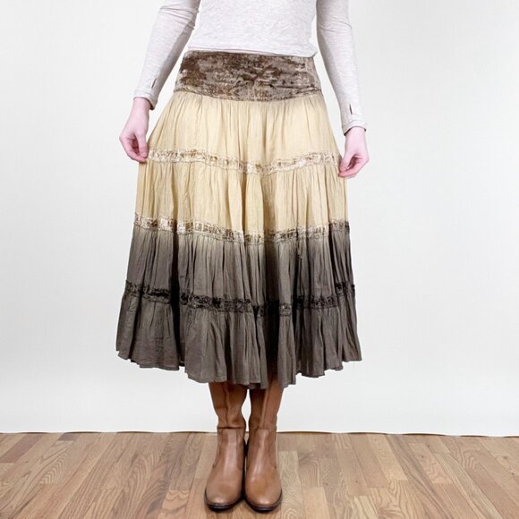 Vintage 90s Y2K Tiered Midi Skirt Gypsy Boho Cowgirl Western Bohemian Whimsigoth - Picture 6 of 11